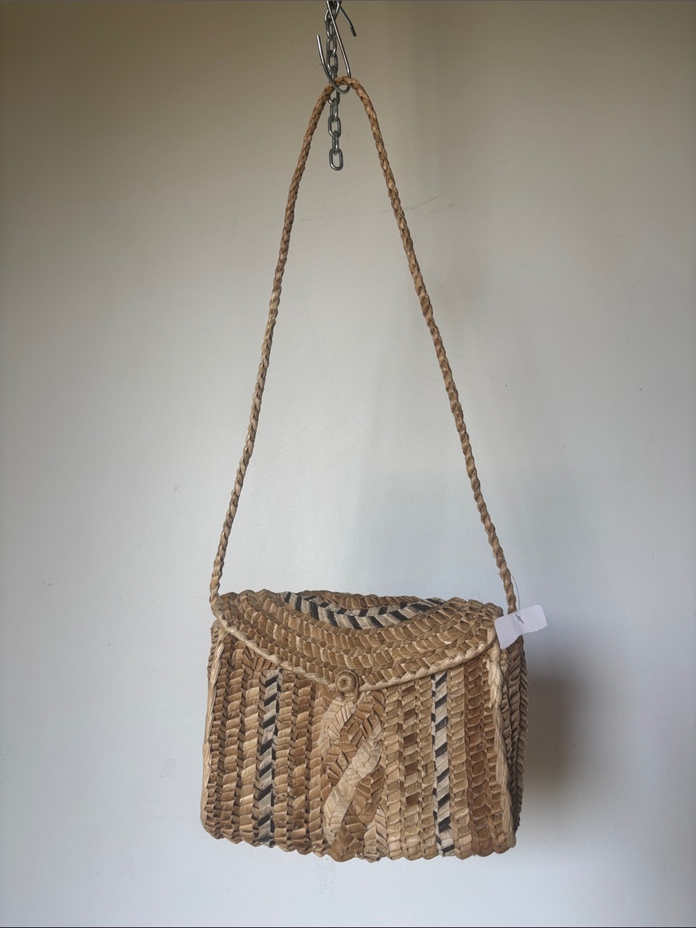 Vintage Woven Palm Mini Crossbody Bag in Natural Tan and Black